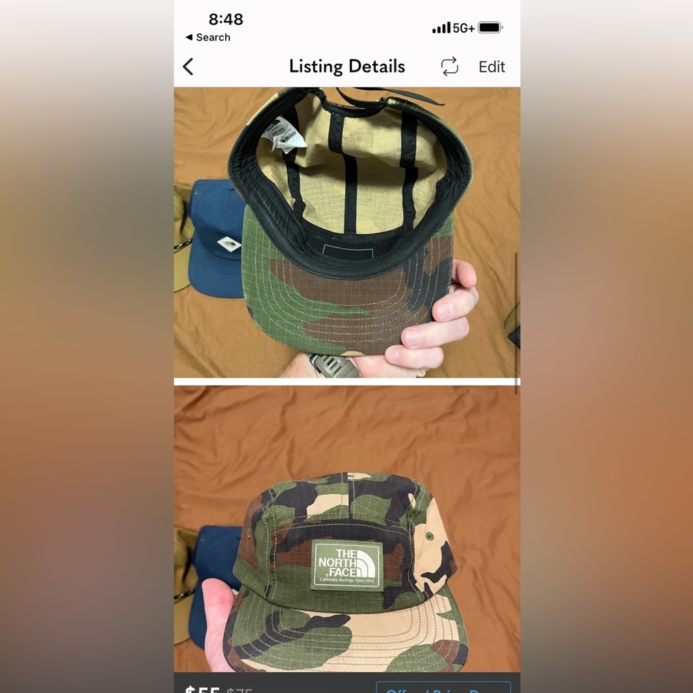 TNF camo hat and patagonia fish trucker
